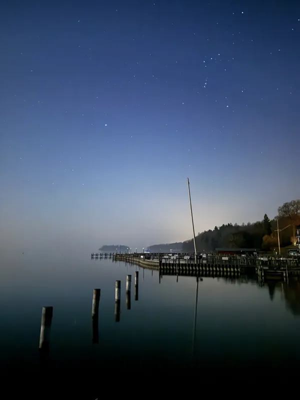 Sternenhimmel über einem stillen See, im Wasser stehen Holzpfähle